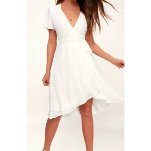 LULU'S SZ XS Rise to the Occasion White Midi Wrap Sheer lined Dress NEW B137